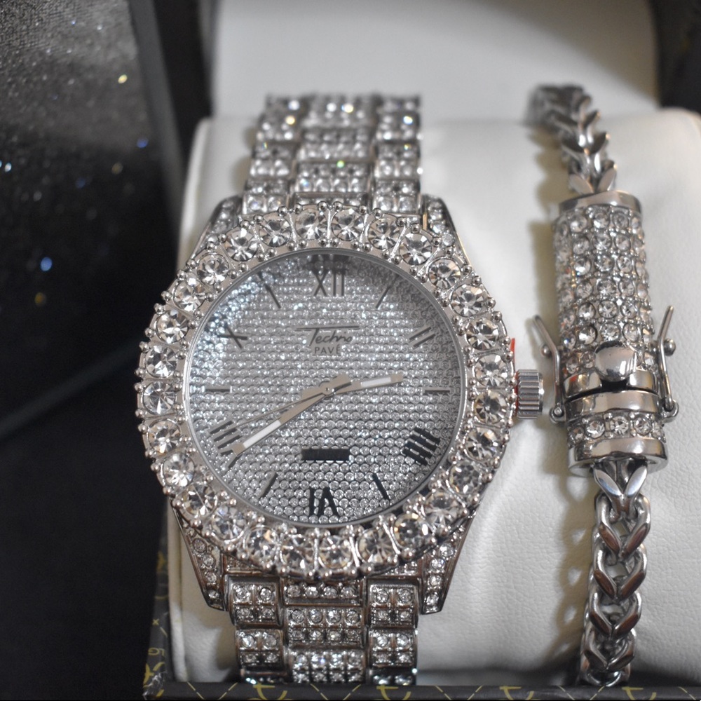Wh. Gold PT Iced Out Watch, Stainless Bracelet Set